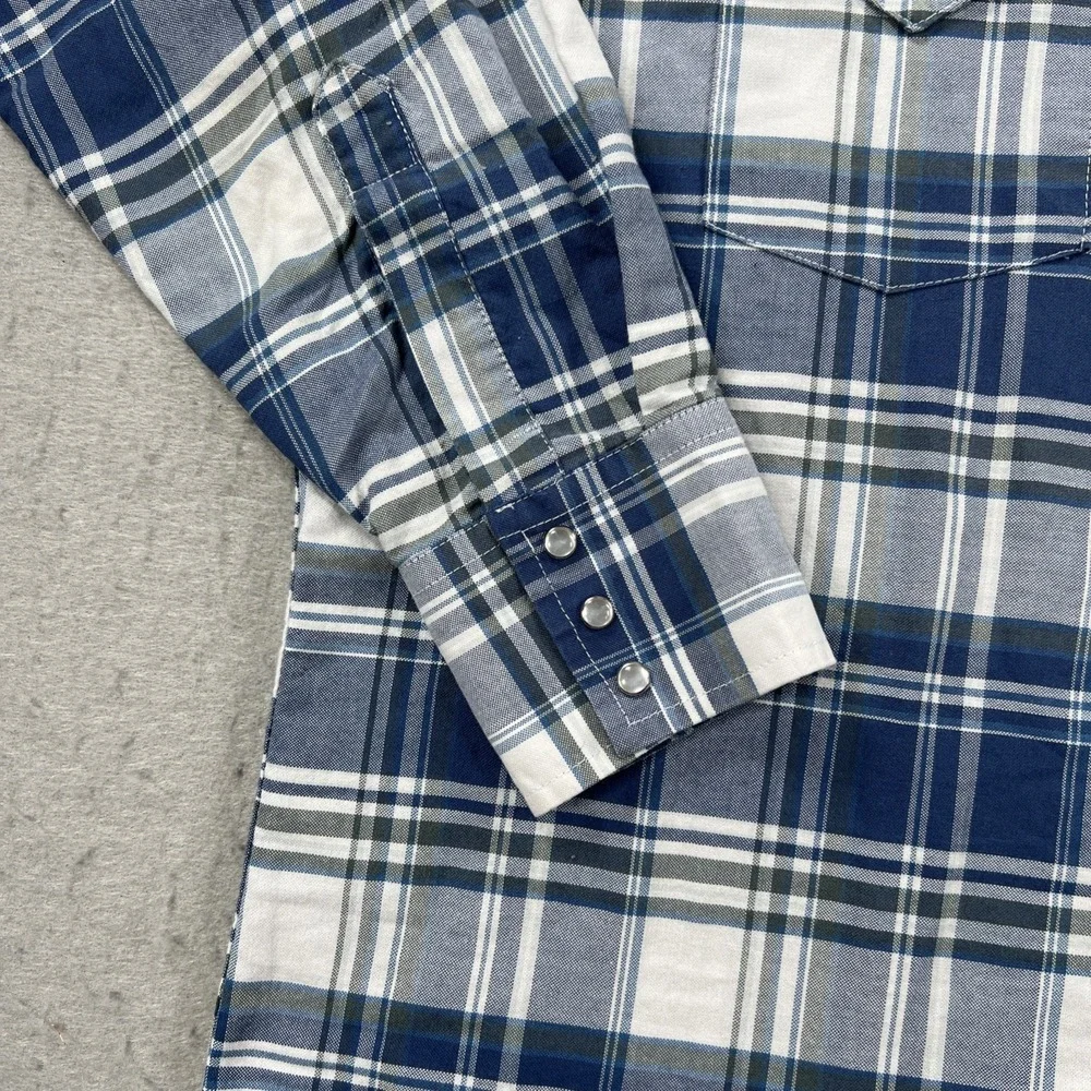 Ely Cattleman Pearl Snap Shirt Mens Large Blue Plaid Wrinkle Resistant